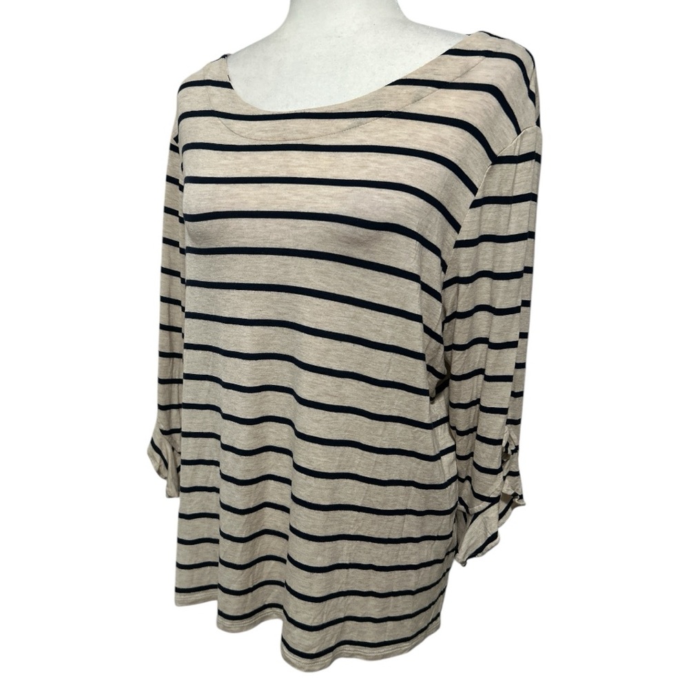CHICOS Women’s Pullover Knit Blouse Striped Pattern Ruffled 3/4 Sleeve Cream XL
